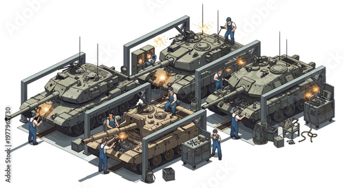 From an isometric perspective, several workers are shown maintaining tanks inside a military compound, indicating a scene of routine upkeep and preparedness at the 3D army base