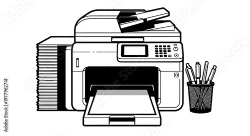 "Vector icon of a multifunction printer (all-in-one) with a stack of papers and a pencil holder in black and white line style."