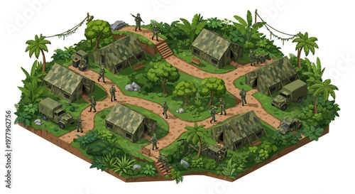 In an isometric 3D illustration, an army camp displays barracks, trucks, and soldiers amidst dense jungle foliage, portraying a self-contained military compound operating far