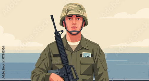 Dedicated serviceman in a green camouflage uniform, helmeted and armed with a rifle, standing firm with a serious expression, representing duty and national security