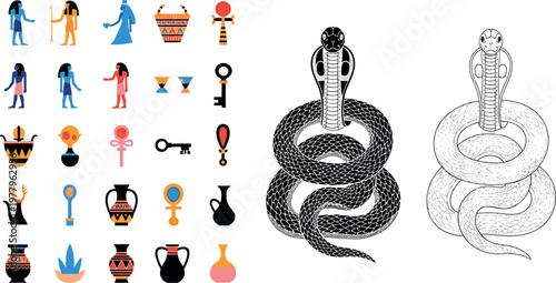 Ancient Egyptian symbols set with cobra snake icons ankh keys and traditional artifacts vector illustration collection