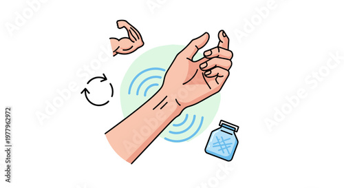 Hand and Wrist Recovery Concept Illustration with Muscle and Supplement Icons.