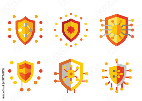 Set of flat design cybersecurity shield icons depicting protection and antivirus