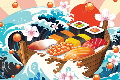 Japanese Sushi Boat Vector Illustration with Great Wave and Cherry Blossoms