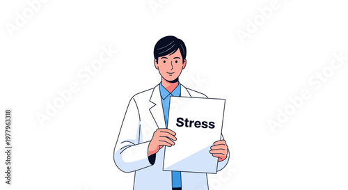 Male doctor holding a paper with "Stress" text, mental health concept illustration.