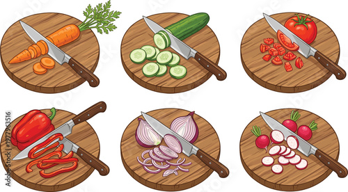 Vegetable cutting and slicing illustration set, fresh carrot cucumber tomato onion pepper and radish on wooden board with knife, cooking preparation concept