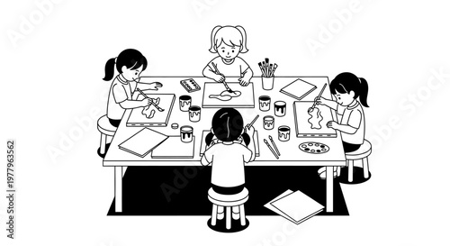 Children painting together in art class, black and white vector illustration.