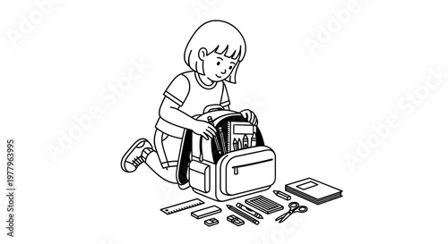 Little girl packing school bag with supplies, student preparing backpack for school, back to school and organization concept, black and white line art illustration.