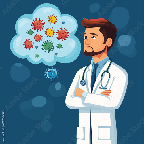 A thoughtful doctor pondering over various virus illustrations, representing concern for public health.