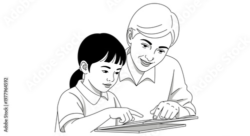 Mother reading a book with her daughter, parent and child learning together, education and storytelling concept, black and white line art illustration.