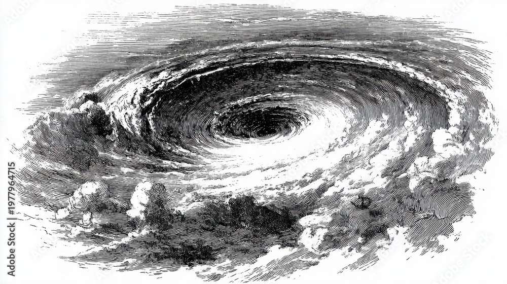 Fototapeta premium Black and white engraving of hurricane spiral powerful storm vortex dynamic nature force dramatic scene