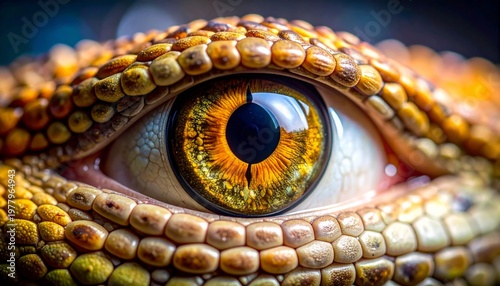 Close-up of a reptile's eye with vibrant orange and yellow scales.