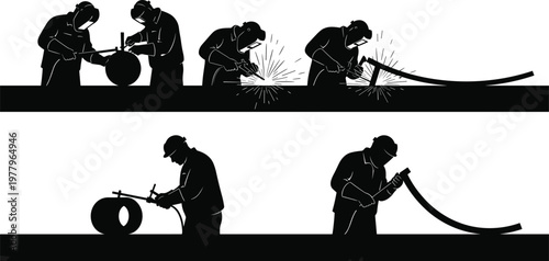 Industrial welder workers silhouette set, professional metalworkers performing welding and pipe cutting tasks in factory workshop on white background isolated