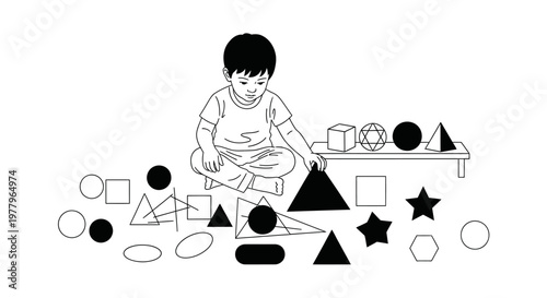 Line art illustration of a young boy sitting on the floor playing with various geometric shapes, early childhood education concept.