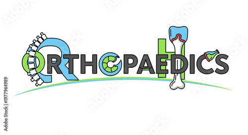 Orthopaedics medical typography concept vector illustration. Creative text design featuring human spine, bone joint, and knee anatomy icons. 