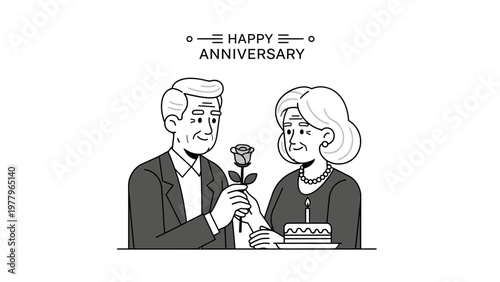 Elderly couple celebrating happy anniversary with rose and cake, minimalist line art illustration.