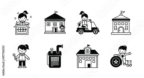 School activities and children education icon set, black and white flat vector symbols.