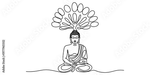 Minimalist line art illustration of a buddha statue sitting in meditation with a tree canopy Vector, illustration