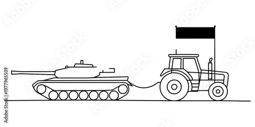 A simple black and white line drawing of a farm tractor pulling a military tank with a flag pole Vector, illustration