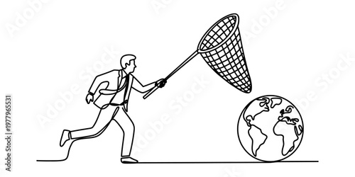 A continuous line drawing of a businessman running to catch the earth with a butterfly net icon Vector, illustration