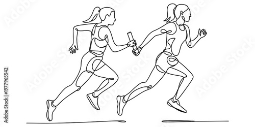 A minimalist single line drawing of two female athletes passing a baton during a relay race. Vector, illustration