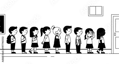 Group of students lining up to enter a classroom, black and white line art illustration.