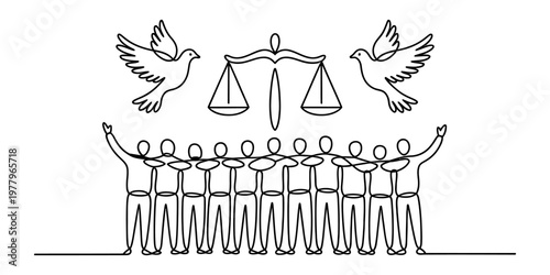 A black and white continuous line drawing depicting a diverse group of people united for justice. Vector, illustration