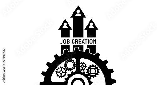 Job creation concept with gear wheels and upward arrows with human icons.