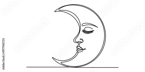 Minimalist continuous line drawing of a crescent moon featuring a peaceful sleeping human face Vector, illustration