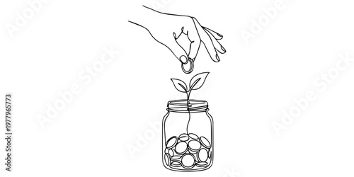 a hand dropping a coin into a glass jar in plant continuous one line drawing, Silhouette hand dropping coin into jar with growing plant vector illustration, jar already containing coins and a growing.