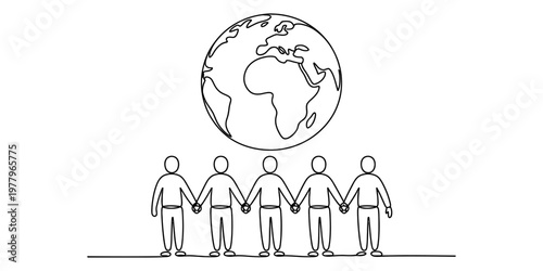 A simple line drawing of five people holding hands together under a globe representing the world Vector, illustration
