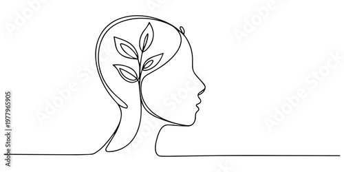 One line of head with brain and leaves. Abstract minimal continuous line isolated on white background, One continuous line drawing of human head with plant inside. Mental health and psychology vector.