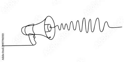 Continuous one line drawing of sound wave and Public horn speaker, voice message, podcast, Public horn speaker in One continuous line drawing. Megaphone announce symbol of marketing promotion in style