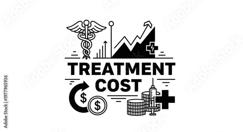 Medical treatment cost concept illustration with Caduceus symbol, financial graphs, and money icons.