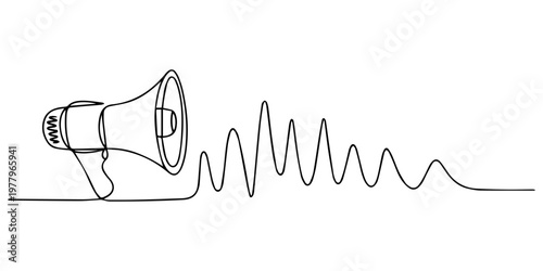 Continuous one line drawing of sound wave and Public horn speaker, voice message, podcast, Public horn speaker in One continuous line drawing. Megaphone announce symbol of marketing promotion in style