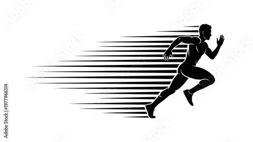 Fast running man silhouette with speed motion lines isolated on white background.