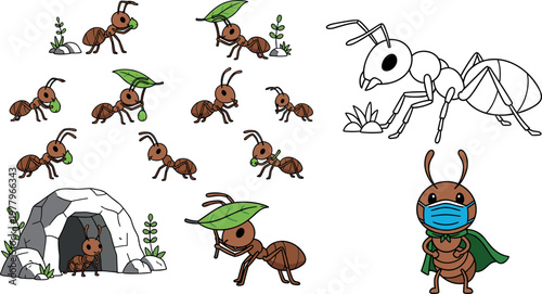 Ant cartoon character set with colony activity leaf carrying nest and masked insect vector illustration collection isolated
