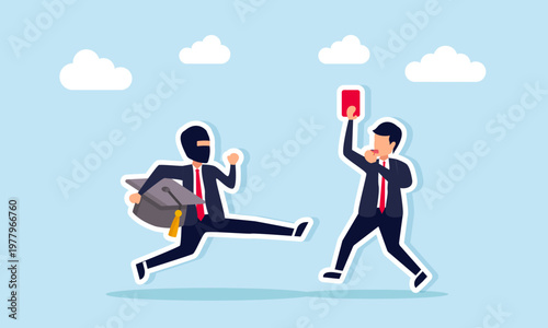 Businessman as referee blowing whistle and showing red card to thief carrying graduation cap illustration of breaking rules to complete business education