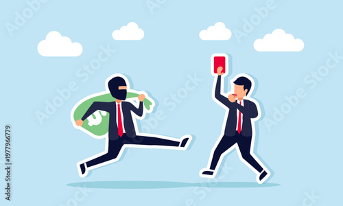 Businessman as referee blowing whistle and showing red card to thief carrying money sack illustration of breaking rules for corruption