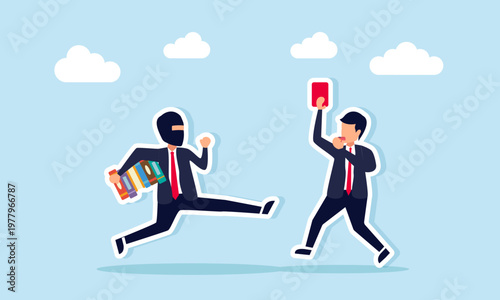 Businessman as referee blowing whistle and showing red card to thief carrying books illustration of breaking rules to steal business knowledge