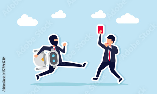 Businessman as referee blowing whistle and showing red card to thief carrying AI robot illustration of using artificial intelligence for business cheating