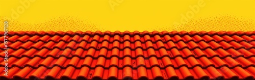 Orange ceramic roof tiles under a bright yellow sky in a minimalistic style.