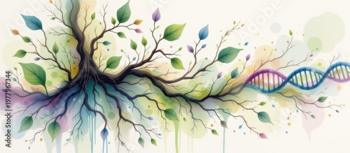 Illustration of a tree with roots merging into a DNA double helix, symbolizing life and genetics.