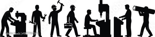 Industrial workers silhouette set with factory laborers operating machinery, using hand tools, carrying pipes, and engineers working in manufacturing plant facility