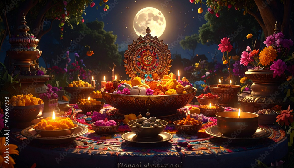 Obraz premium Sacred Full Moon Ritual with Illuminated Diyas and Floral Offerings