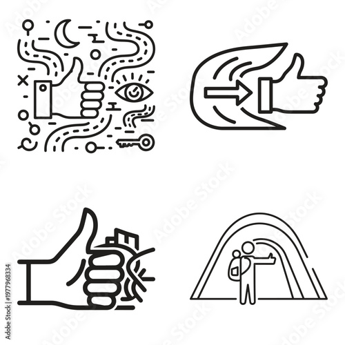 Set of Conceptual Line Art Icons for Night Road Hitchhiking, Speed Motion Feedback, Organic Growth Interaction, and Tunnel Expeditions; Minimalist Vector Graphics for Tech, Travel, and UX Design