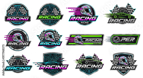 Collection of Racing Emblems and Logos with Helmets and Flags.
