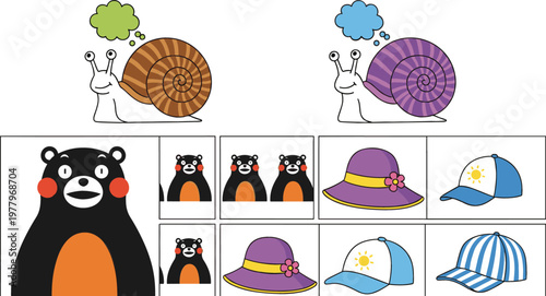 Cute cartoon snails bears and hats collection with caps and sun hats colorful vector illustration set for kids design