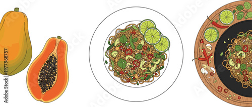 Papaya fruit and Thai papaya salad vector illustration featuring whole papaya, sliced papaya and traditional spicy som tam dish isolated design set