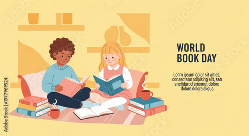 Two children reading books together in cozy library room setting